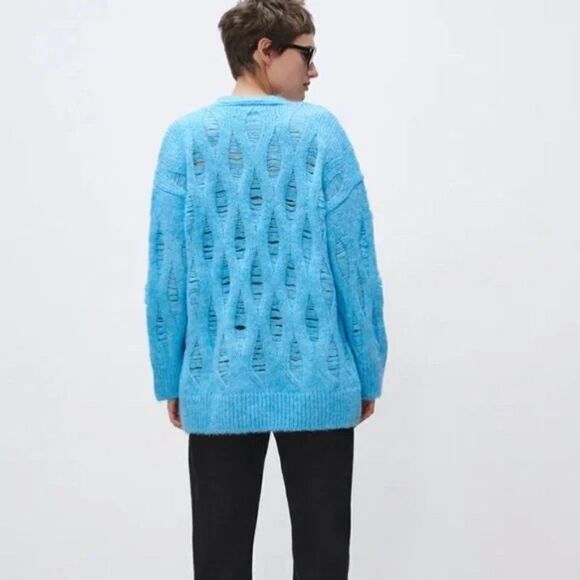ZARA Ripped Longline Blue Sweater New - Picture 3 of 6
